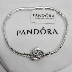 New Pandora Moments Rose In Bloom Claps Snake Chain Bracelet Size 7.5 Inches